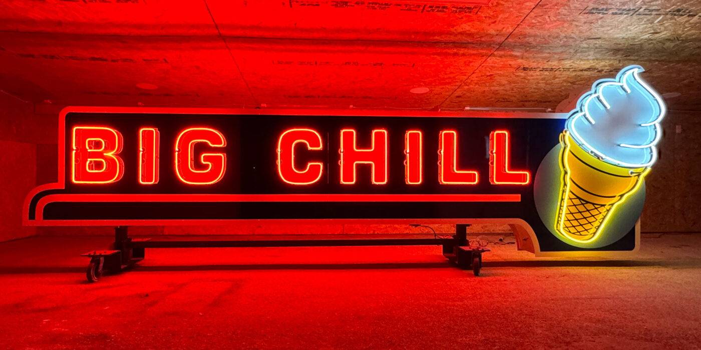 Neon road big chill ice cream sign