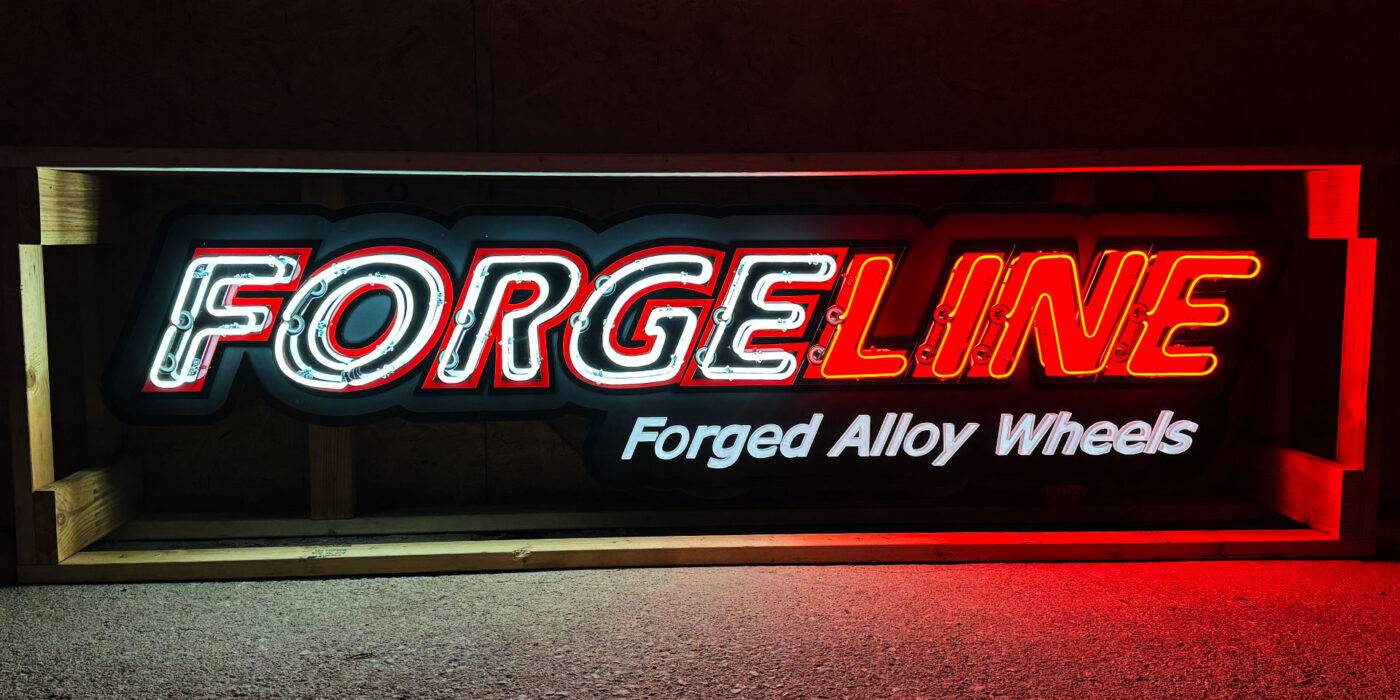 Close up Forgeline forged alloy wheels neon sign